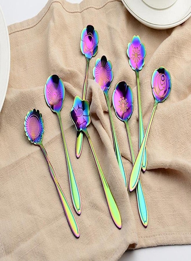 Litvibes Stainless Steel Creative Tableware Flower Dessert Spoon,Sugar Spoon,Mixing Spoon,Tea Spoon,Stirring Spoon,Cake & Ice Cream Spoon,Stir Bar Rainbow Spoons -Set Of 6 (Random) - 13 Cm - Image 1